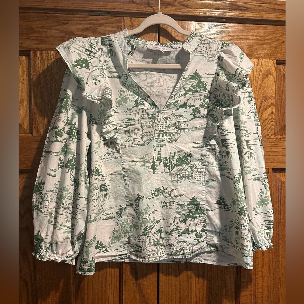Sugarlips White Blouse with Green Scenic Print